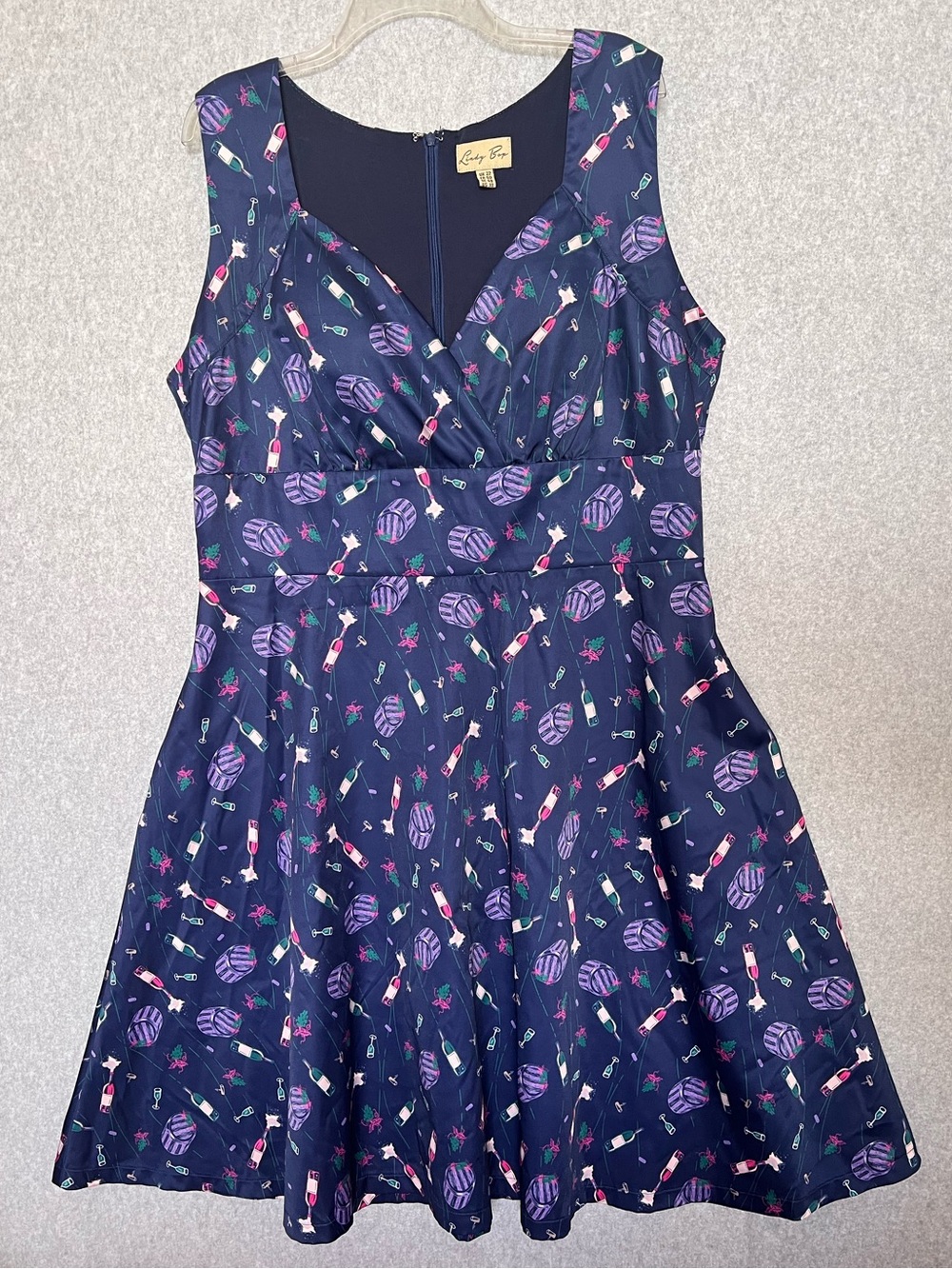 Lindy Bop Layla Blue Purple Wine Print Dress US Size 18 Pin Up Rockabilly Retro